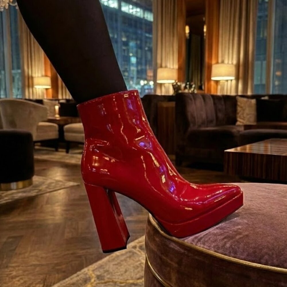 NWT Bamboo Red Patent Platform Ankle Boots | 4.5" Block Heel Square Toe Booties